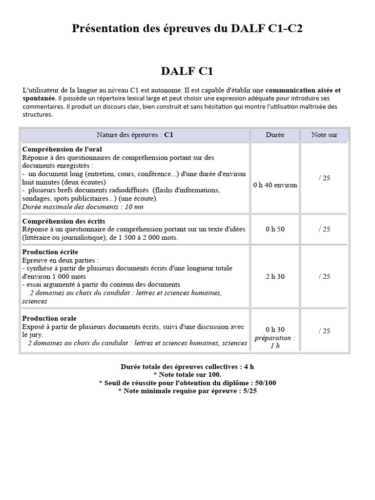 Présentation Examen DALF c1 c2 | PDF