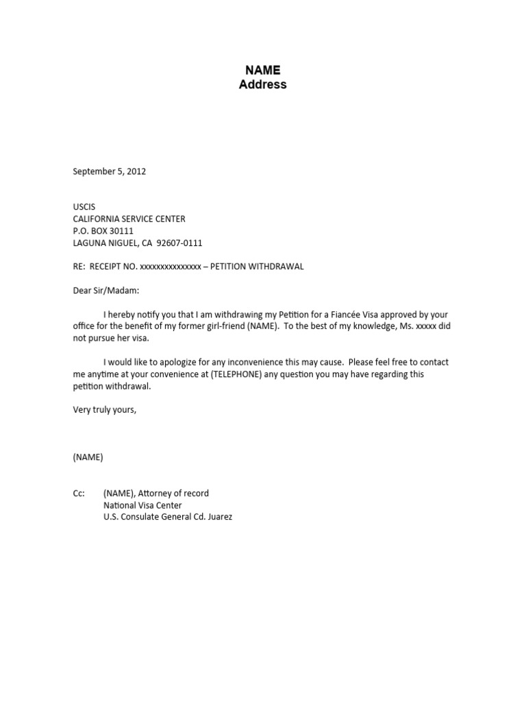 K1 Visa Withdrawal Letter Sample | PDF
