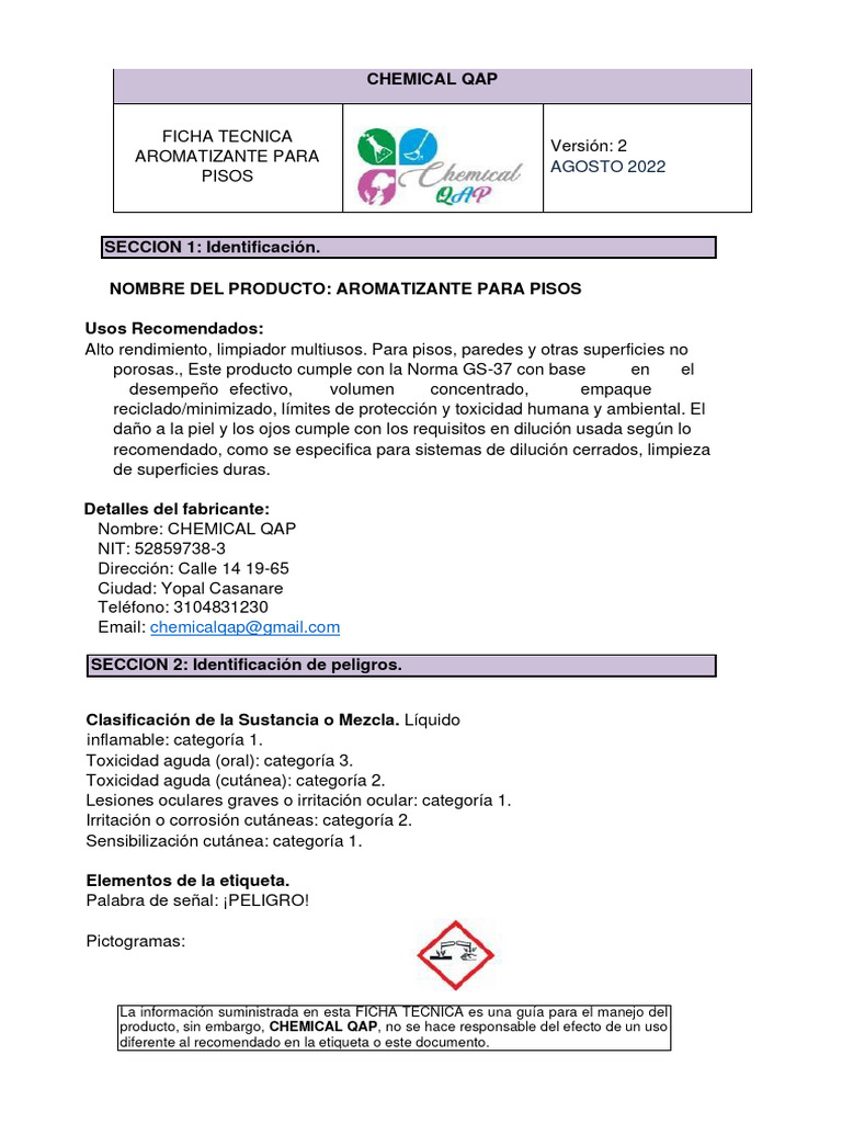 Ficha Técnica de Aromatizante para Pisos | PDF | Agua | Física Aplicada
