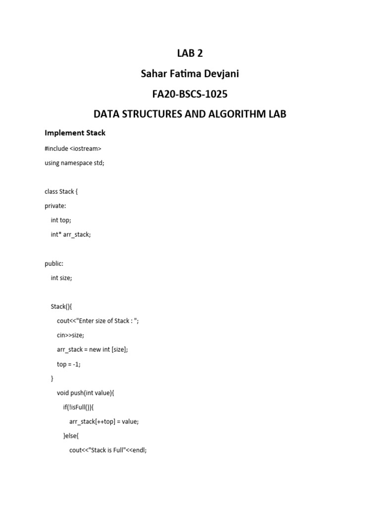 Stack Implementation in C++ Lab | PDF | Software Development | Computer ...