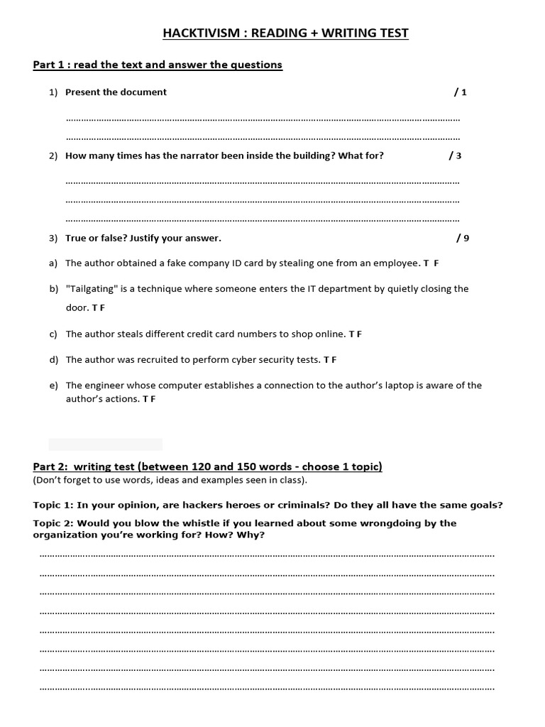Reading Writing Test Hacktivism | PDF | Games & Activities | Computers