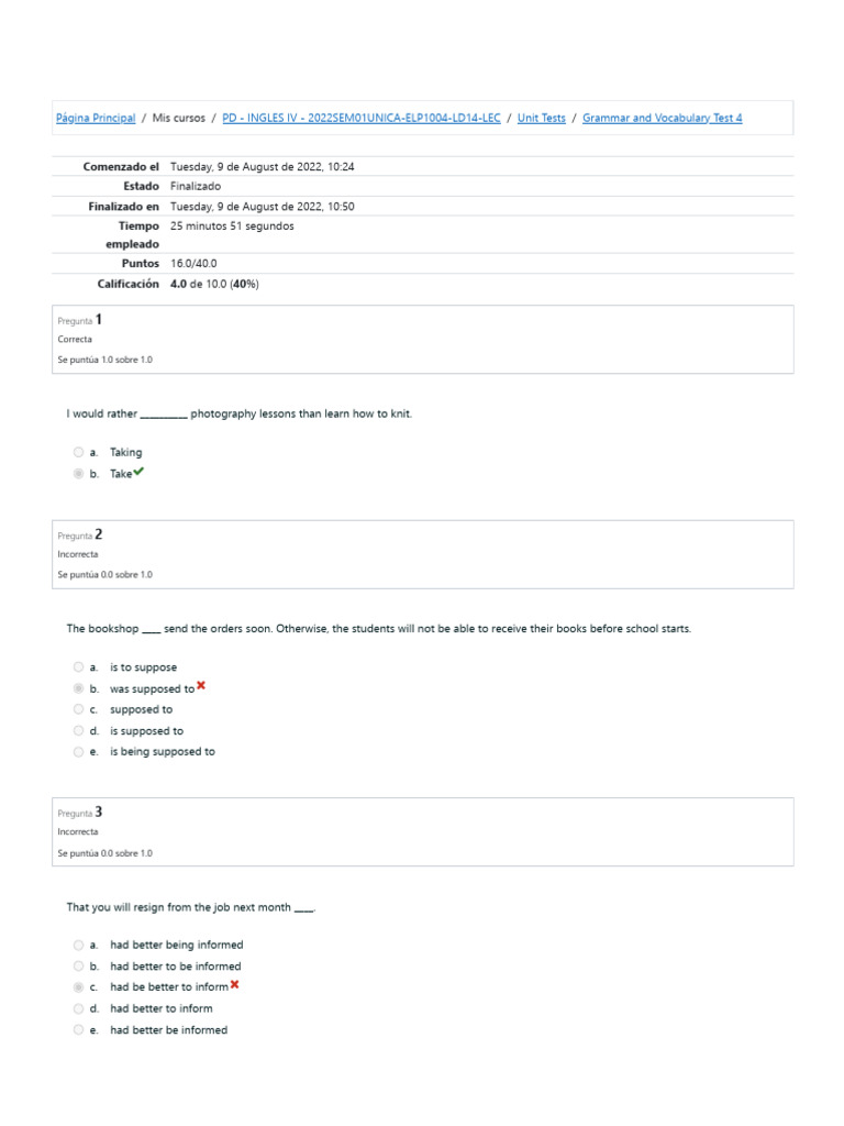 Vocabulary and Grammar Test Results | PDF
