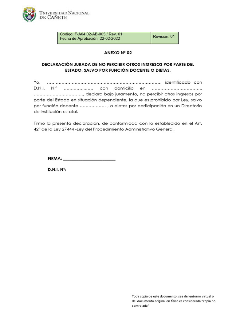 F-A04.02-AB-005 ANEXO N2 - DECLARACIÓN JURADA DE NO PERCIBIR OTROS ...