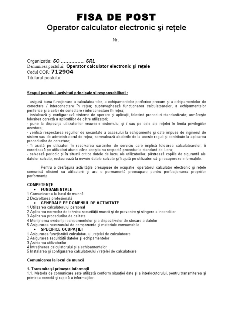 Fisa Postului Operator Calculator Electronic Si Retele | PDF