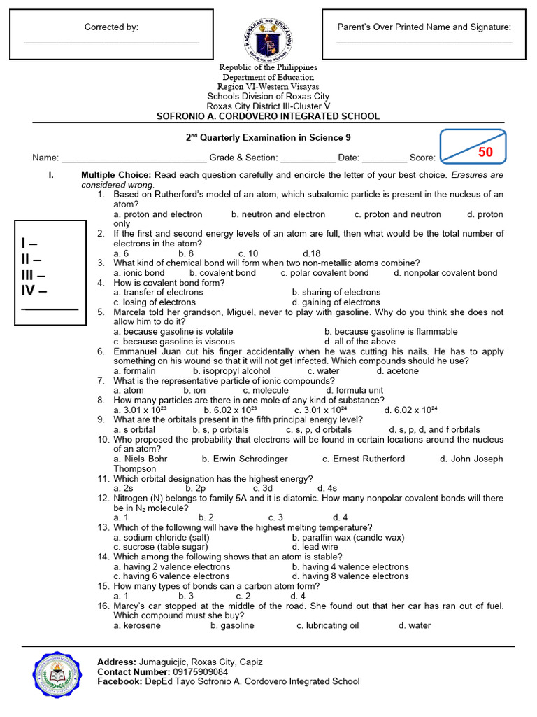 Grade 9 Science Q2 Exam & Answer Key | PDF | Chemical Bond | Chemical ...
