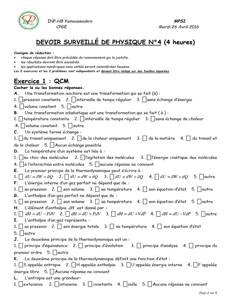 Devoir de Physique MPSI : Thermodynamique | PDF | Enthalpie | Entropie