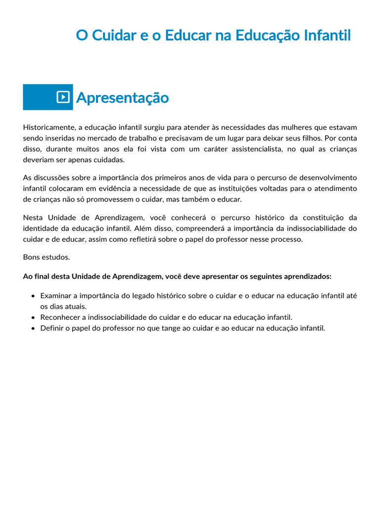 O Cuidar e o Educar Na Educação Infantil | PDF | Pré-escola | Pedagogia