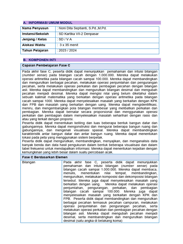Modul Ajar Matematika Kelas 5 SD | PDF | Metode & Bahan Ajar