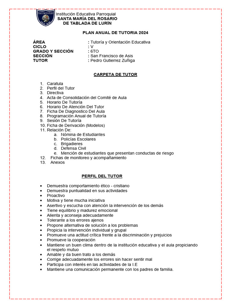Plan de Tutoria 6° 2024 | PDF | Salón de clases | Maestros