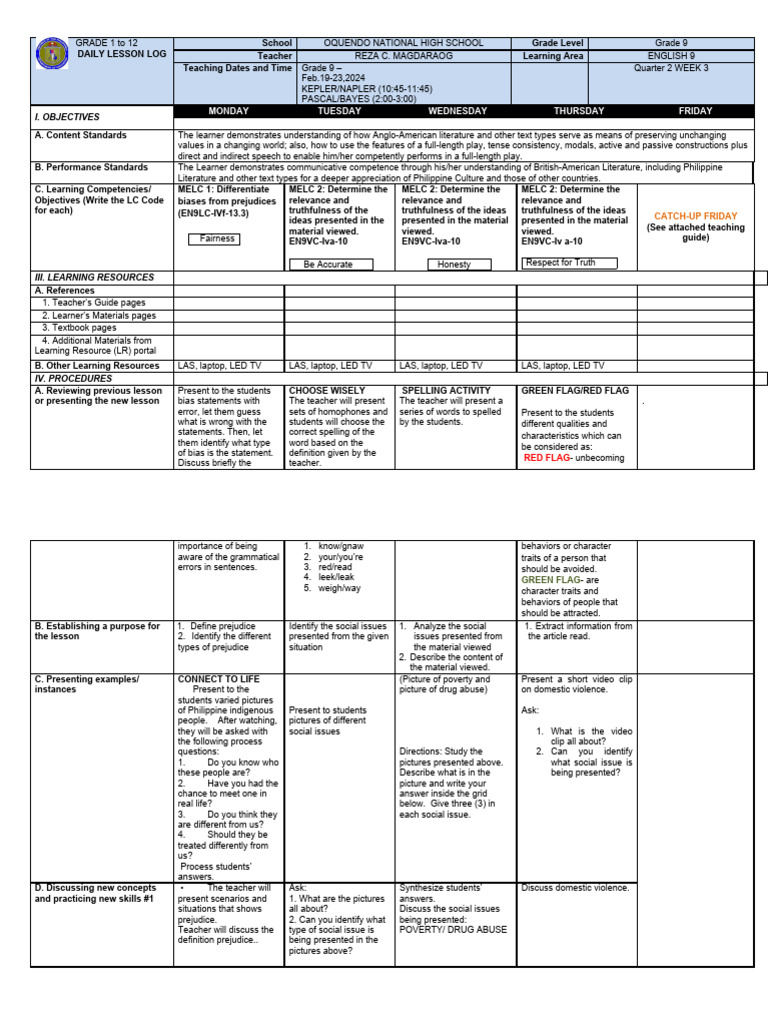 Grade 9 English Daily Lesson Log | PDF | Prejudices | Learning