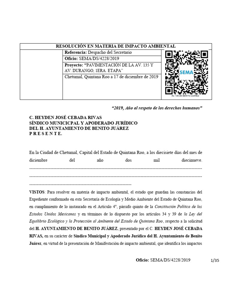 Resolución Ambiental Av. 135 y Durango | PDF | Evaluación de impacto ...