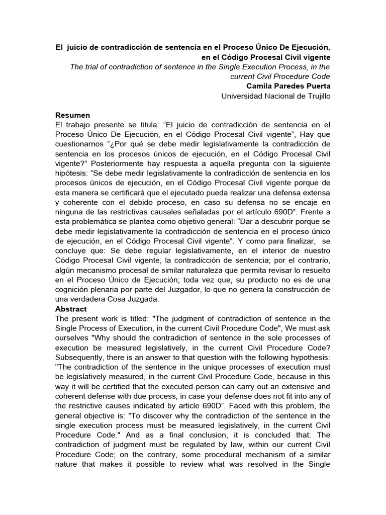 Contradicción de Sentencia en Ejecución Civil | PDF | Ley procesal ...