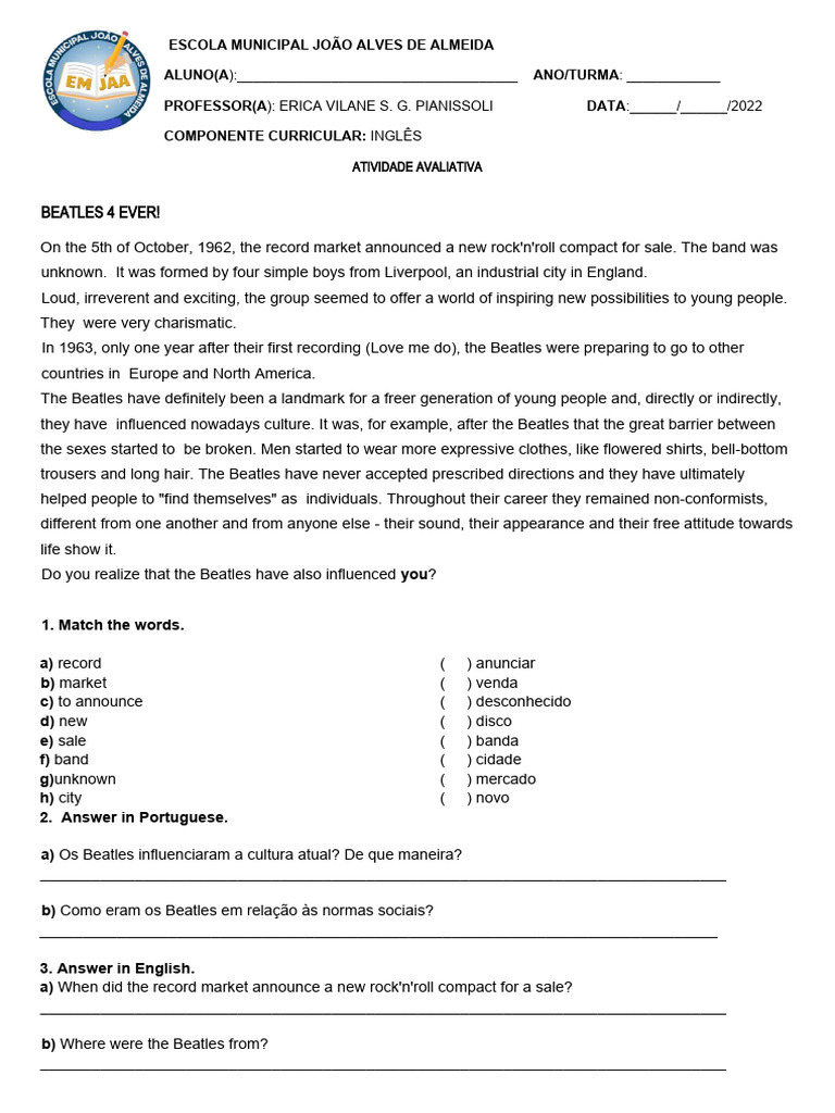 Atividade Avaliativa Do Ensino Médio Inglês Present Perfect | PDF