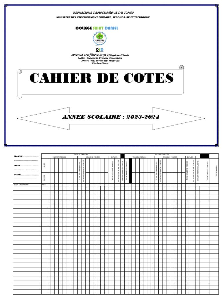 Cahier de Cotes Scolaire 2023-2024 | PDF