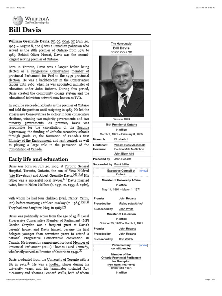 Bill Davis: Ontario's 18th Premier | PDF | Government | Ontario