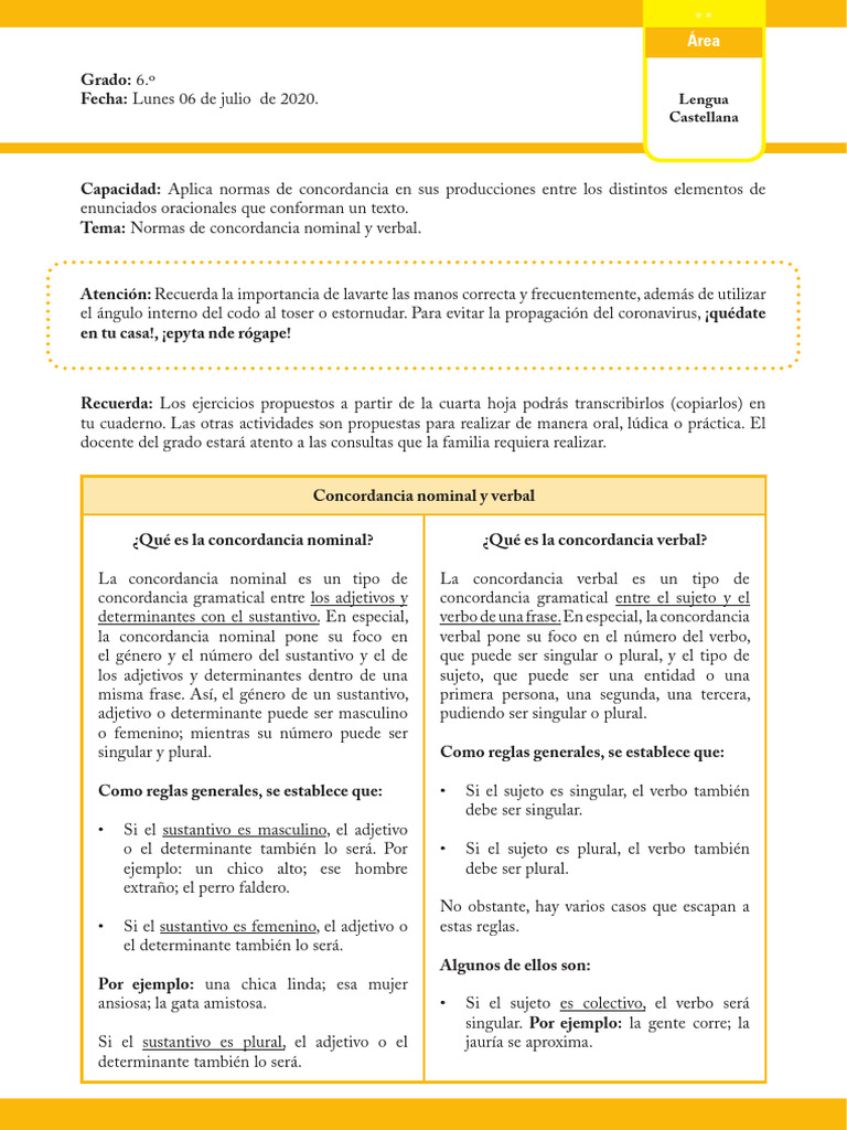 Normas de Concordancia para 6.º Grado | PDF | Verbo | Plural