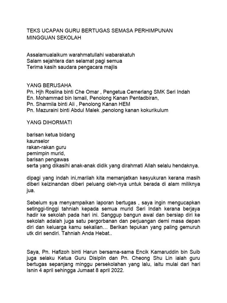 Ucapan Guru Bertugas Mingguan Sekolah | PDF