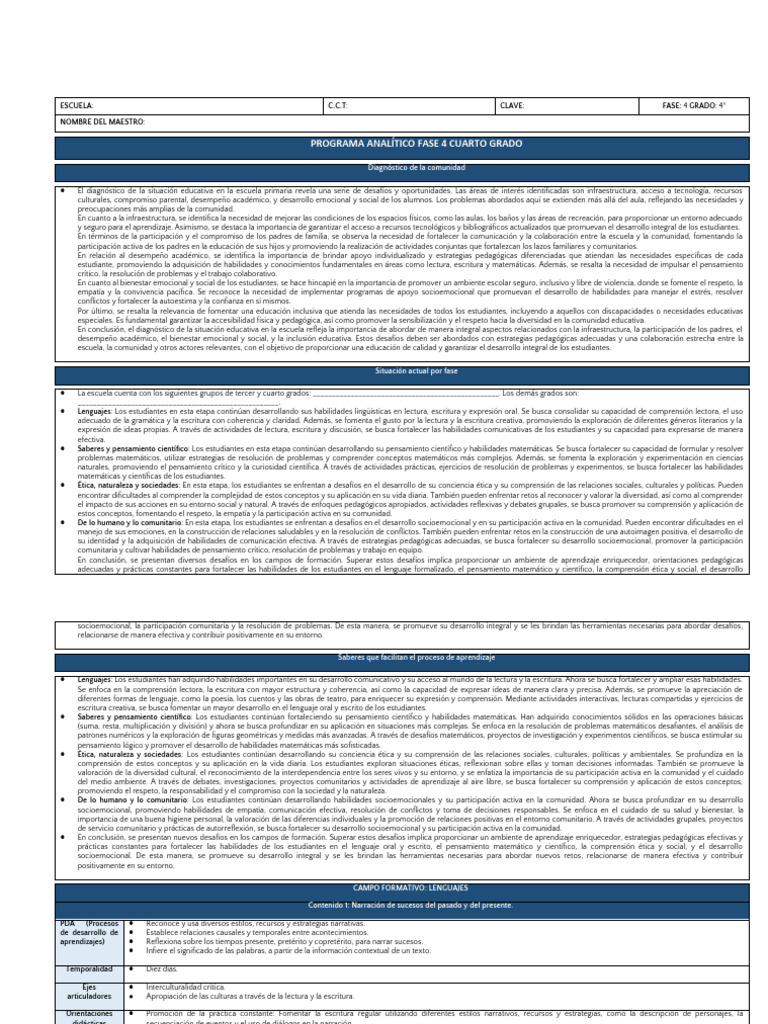 4 Programa Analitico Cuarto Grado Fase 4 | PDF | Pensamiento | Narración