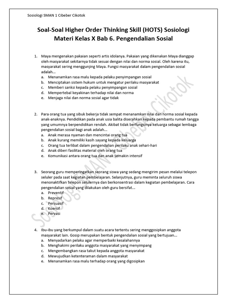 Soal-Soal Higher Order Thinking Skill (HOTS) Sosiologi Materi Kelas X ...
