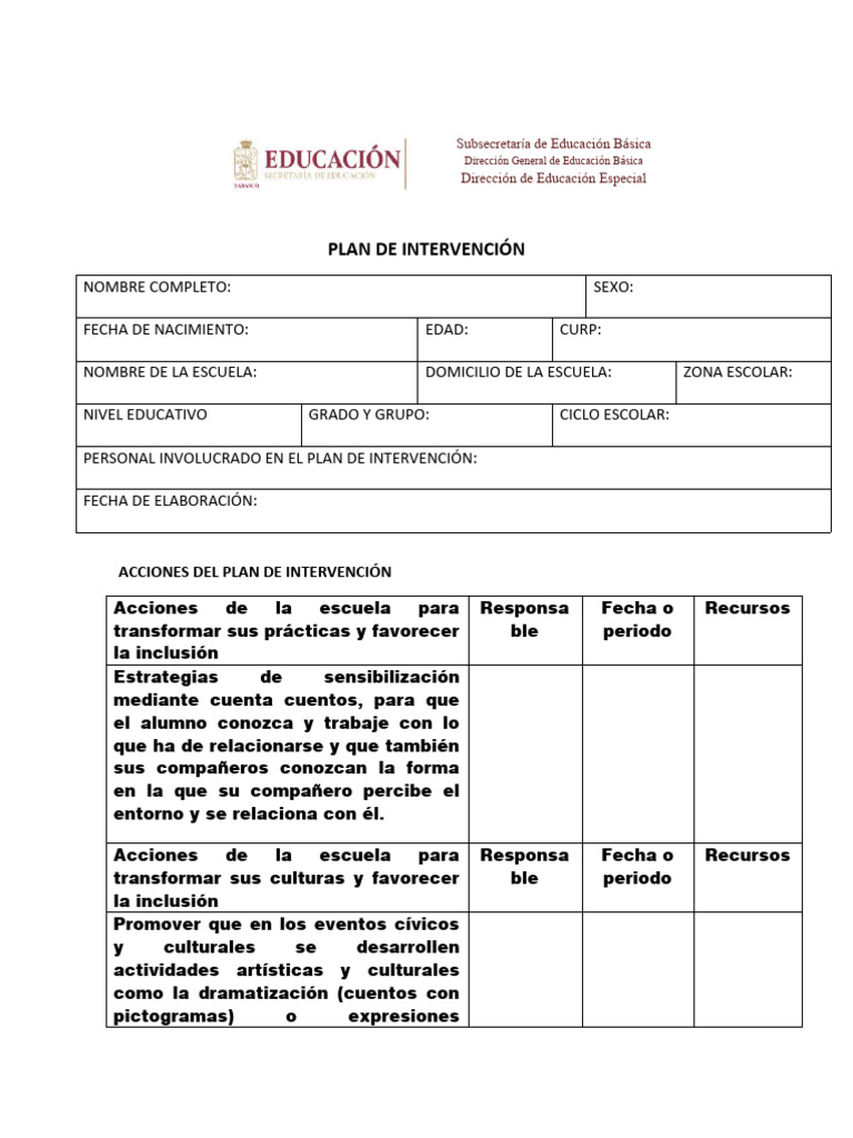 Plan de Intervención Educativa Inclusiva | PDF | Espectro autista ...
