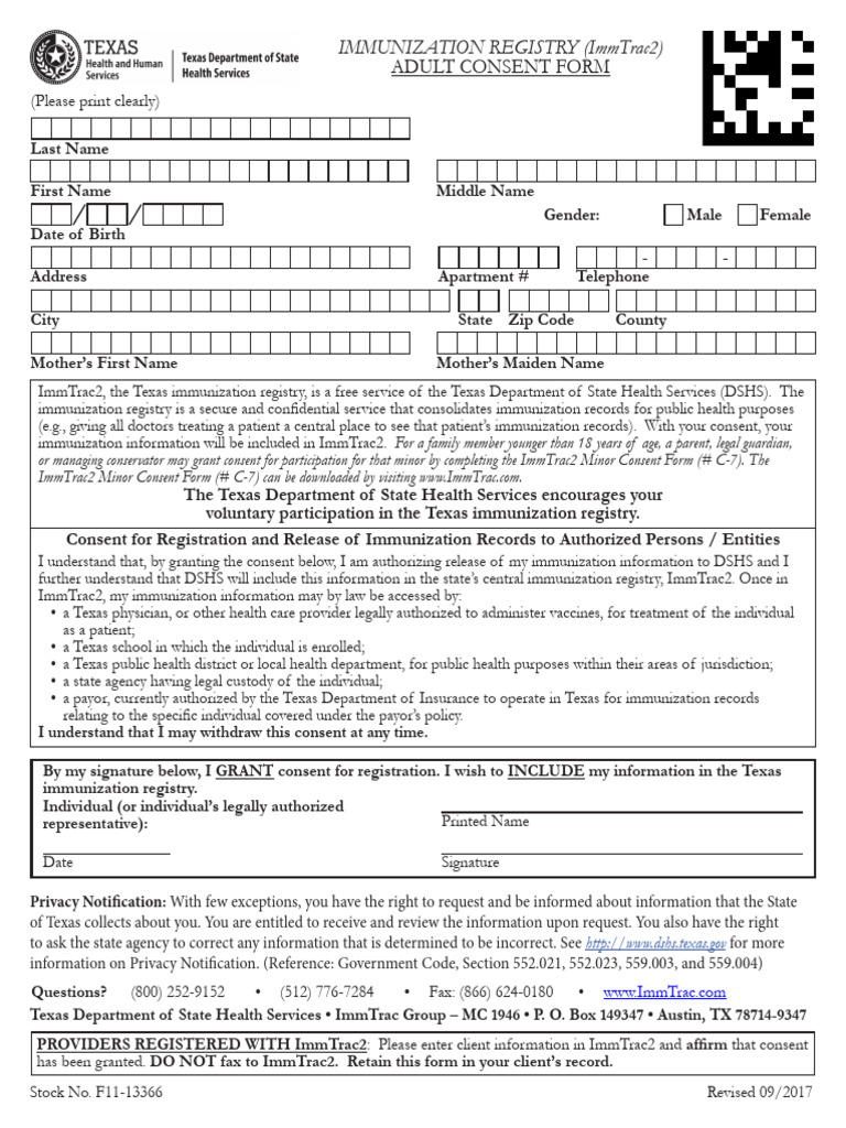 ImmTrac2 Adult Consent Form Texas | PDF | Informed Consent | Health Care