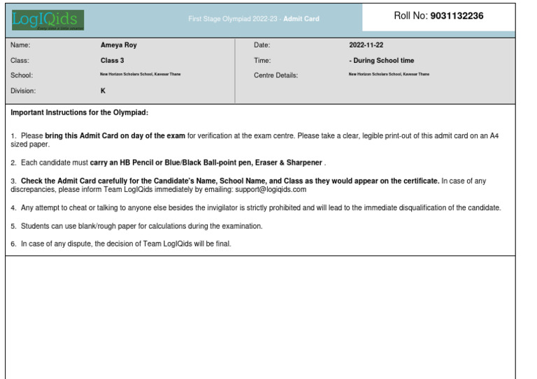 Olympiad 2022-23 Admit Card Details | PDF