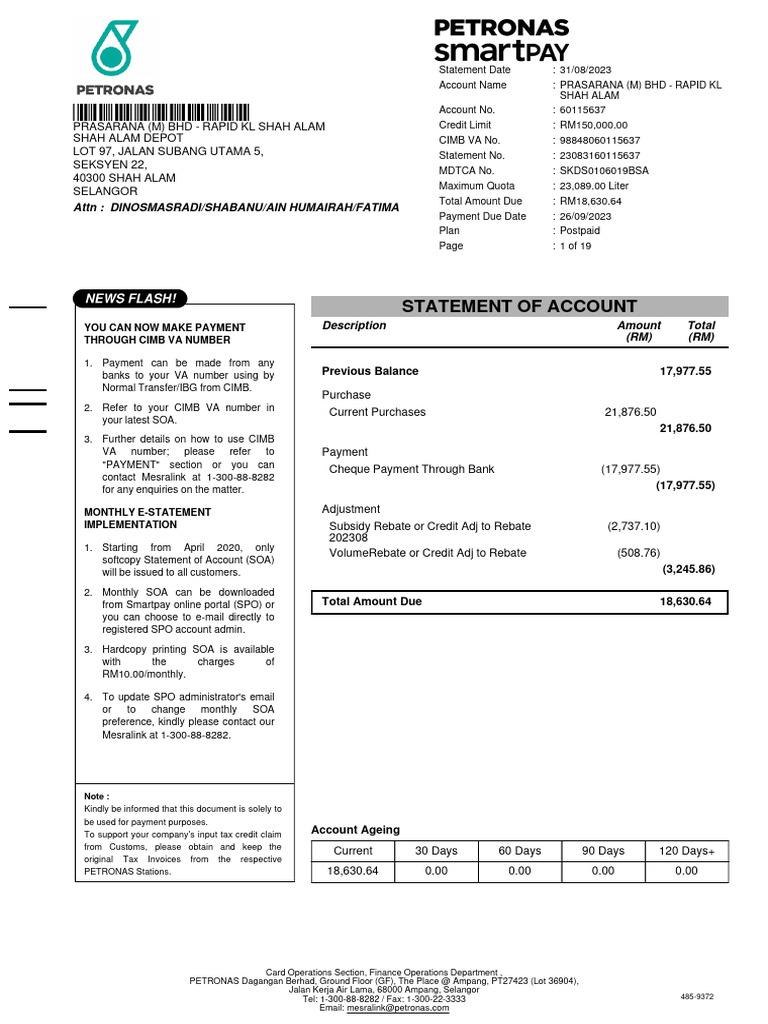 Petronas SmartPay Monthly SOA Guide | PDF