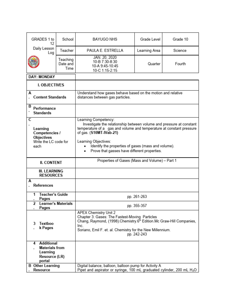 Grade 10 Science Daily Lesson Log | PDF | Gases | Balloon