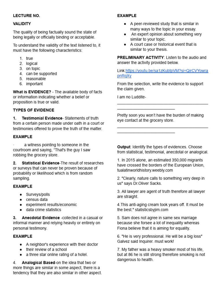 FINAL HAND OUTS VALIDITY EVIDENCE - Docx 1 | PDF | Evidence | Testimony