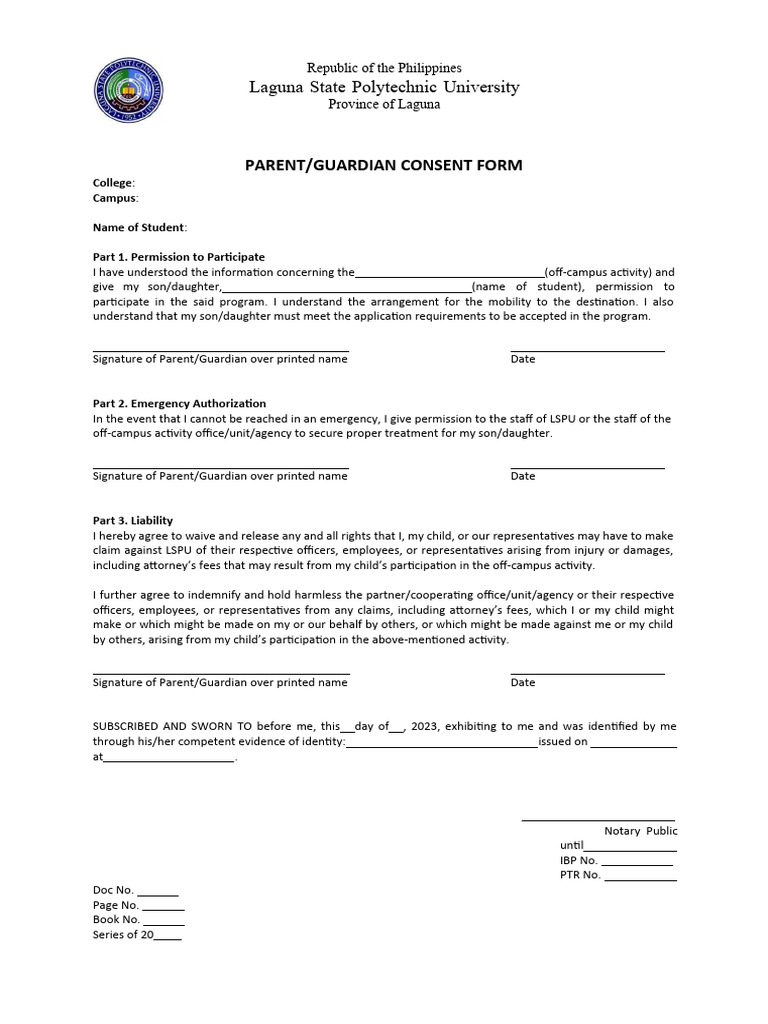 Parent - Guardian Consent Form | PDF | Civil Law (Legal System) | Justice