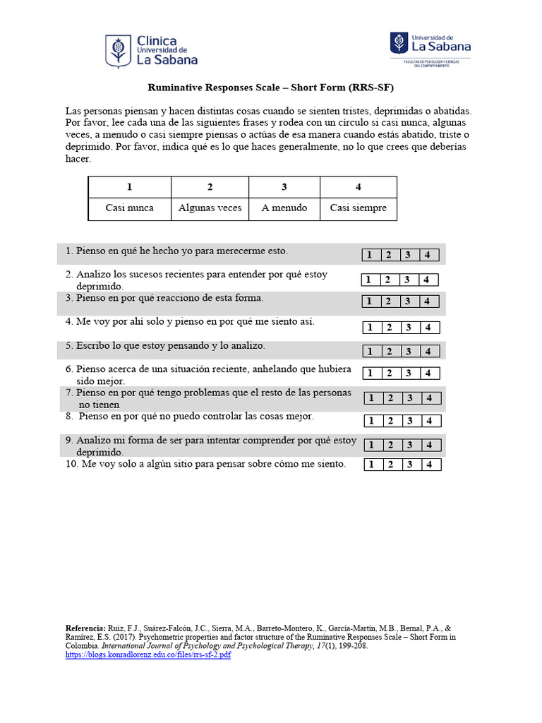 Ruminative Responses Scale Short Form (RRSSF) PDF Psicología