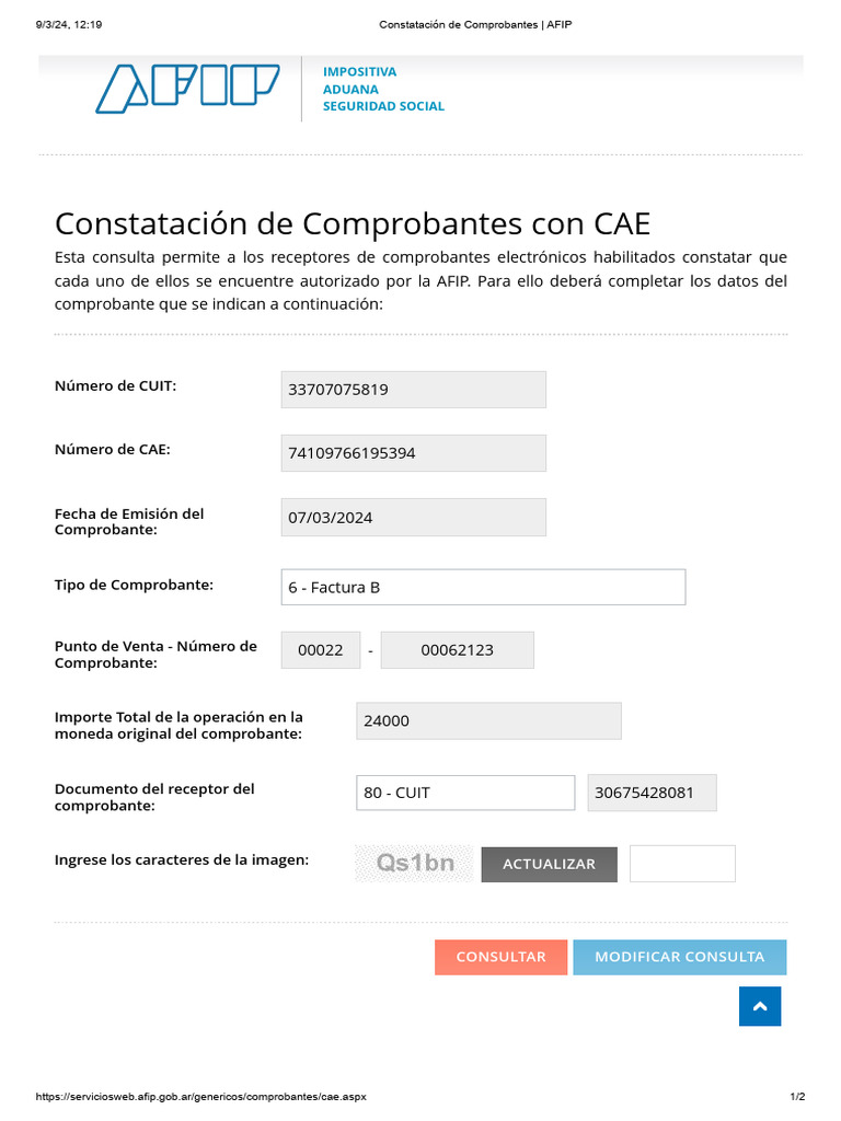 Constatación de Comprobantes CAE AFIP | PDF | Finanzas y dinero