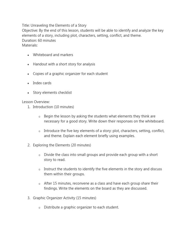 Elements of a Story Lesson Plan | PDF | Lesson Plan | Understanding
