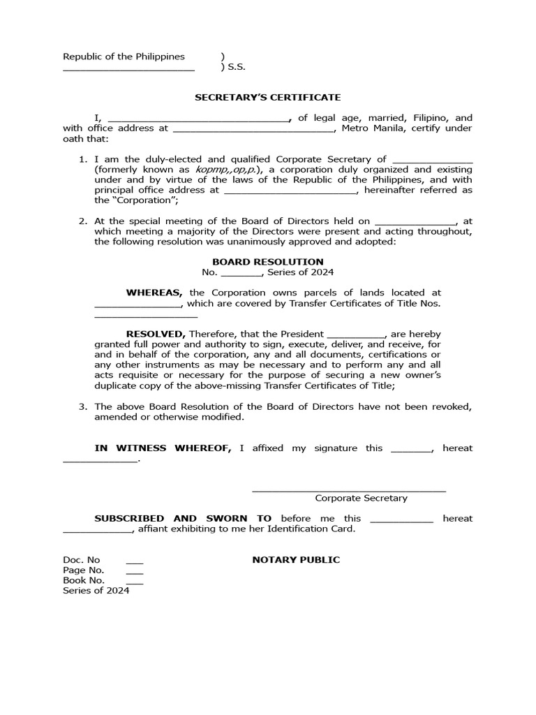 Corporate Secretary's Certificate Template | PDF