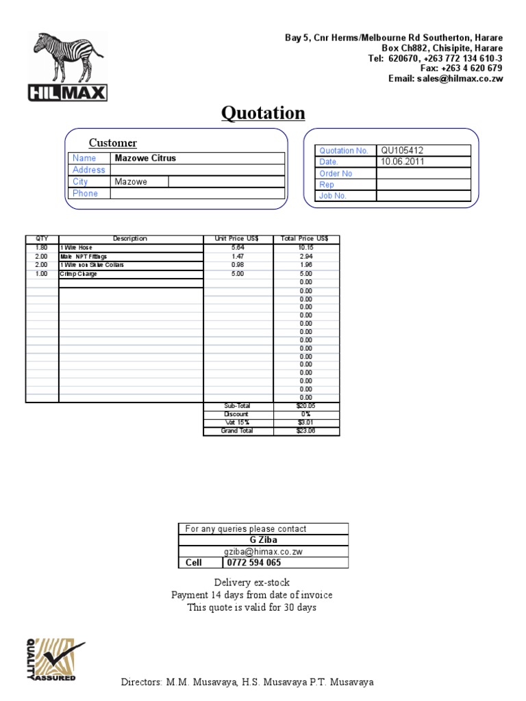 Quotation for Wire Hose and Fittings | PDF | Business