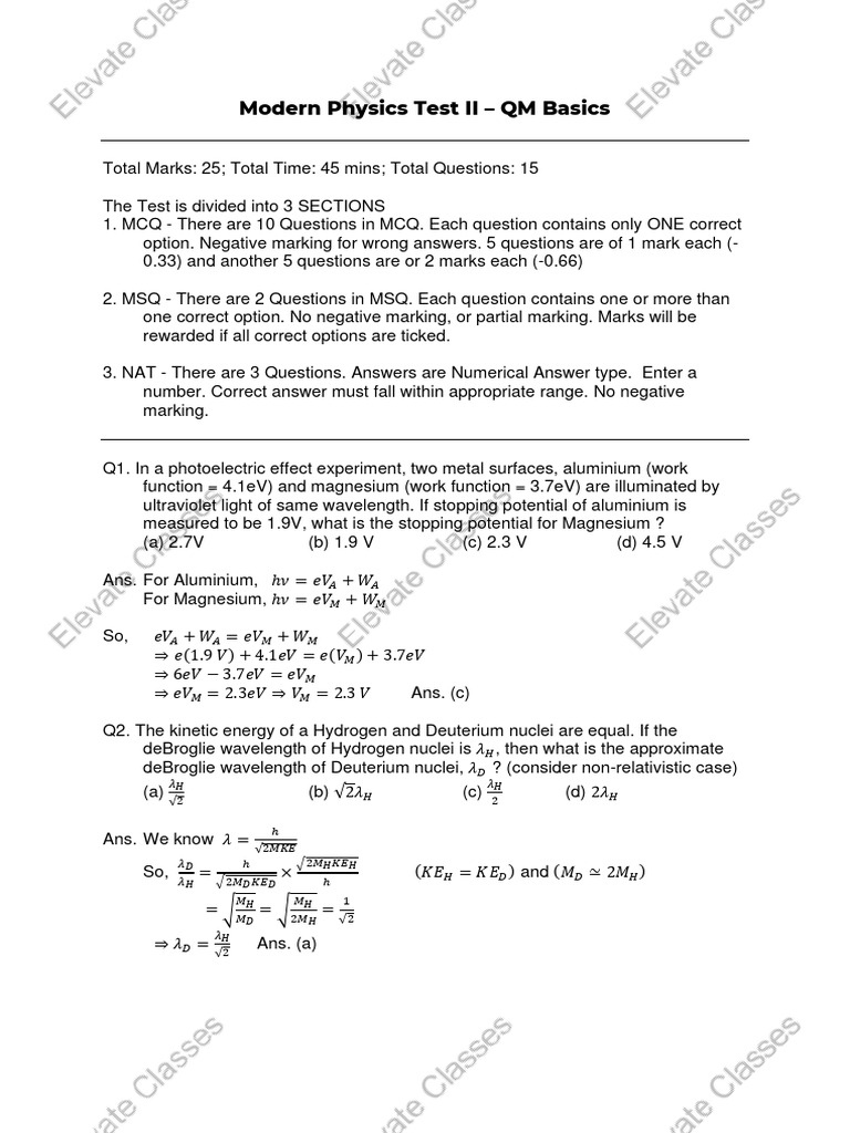 Modern Physics Test 2 - Elevate Classes - 10352883 - 2022 - 12!25!19 ...