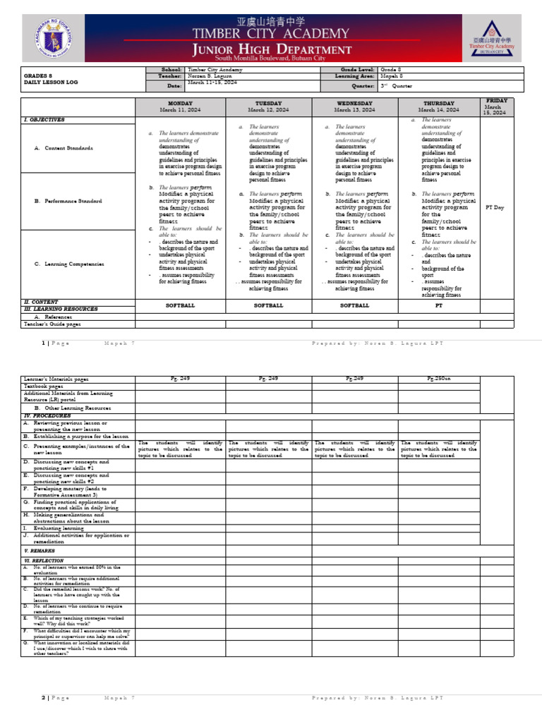 Grade 8 MAPEH Daily Lesson Plan | PDF | Learning | Pedagogy