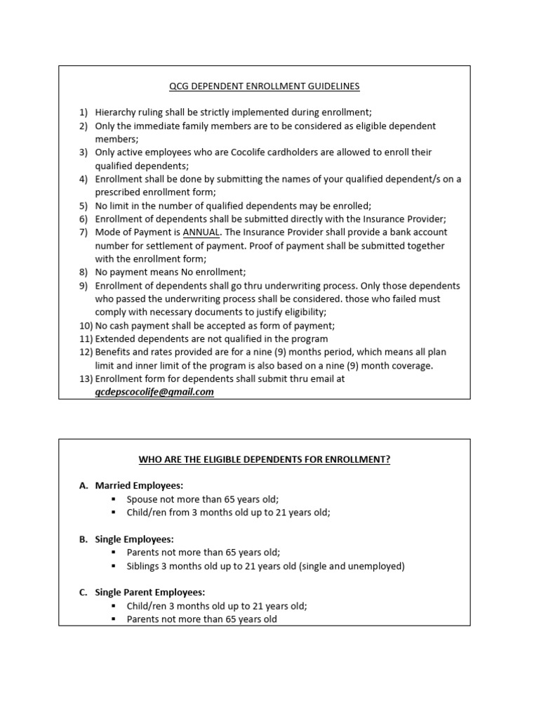 Cocolife Dependent Enrollment Guidelines | PDF | Underwriting | Insurance