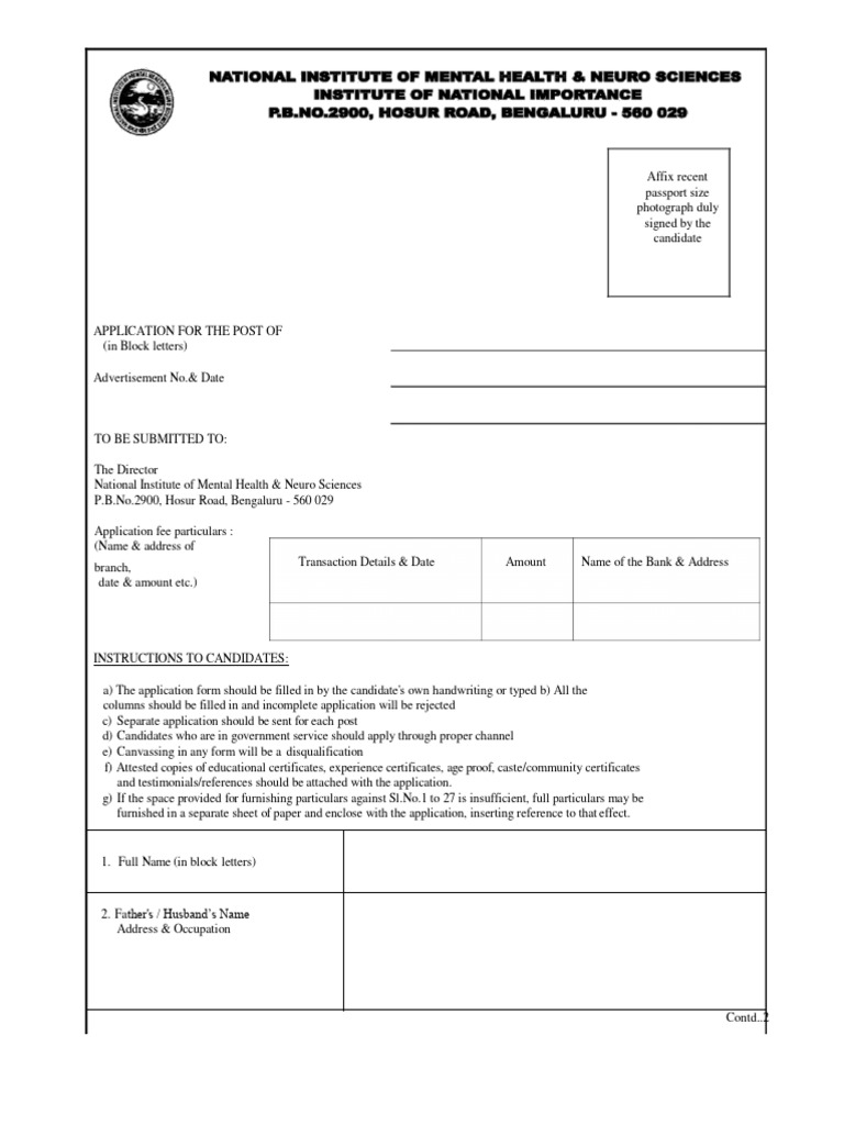 NIMHANS Job Application Form Guide | PDF