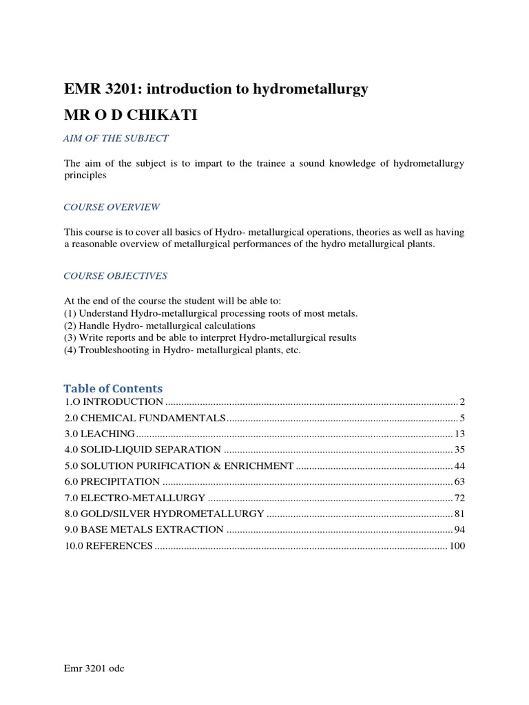 EMR 3201 Hydrometallurgy NOTES PDF Redox Electrochemistry