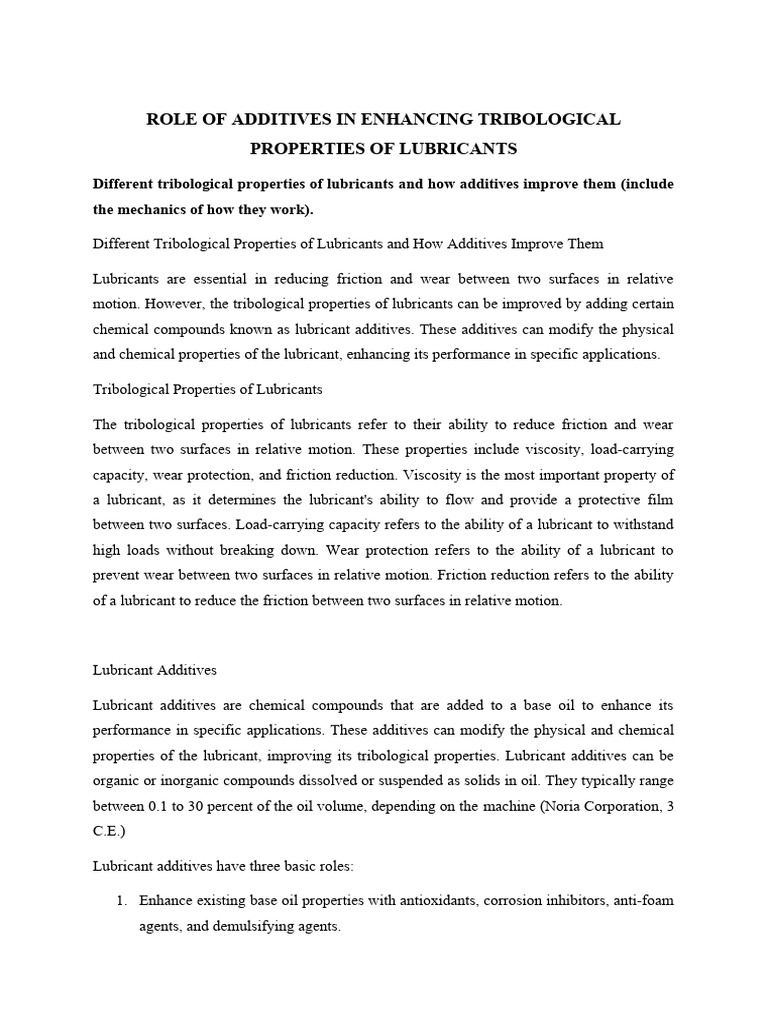 Role of Additives in Enhancing Tribological Properties of Lubricants