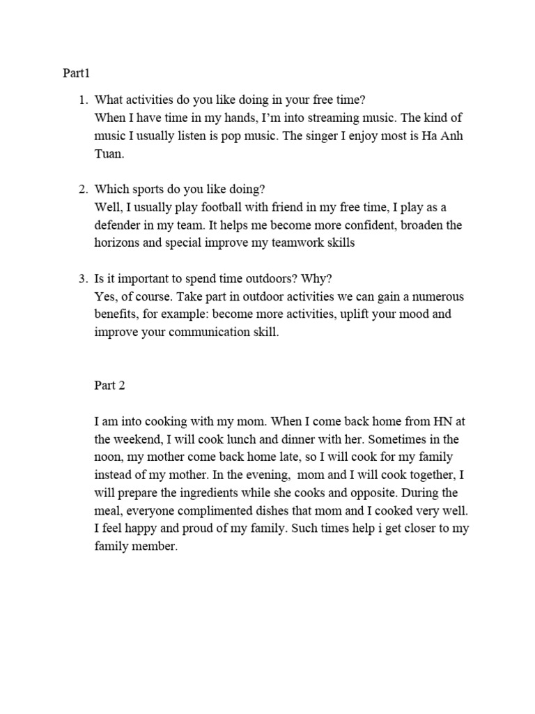 Free Time Activities And Family Cooking Pdf