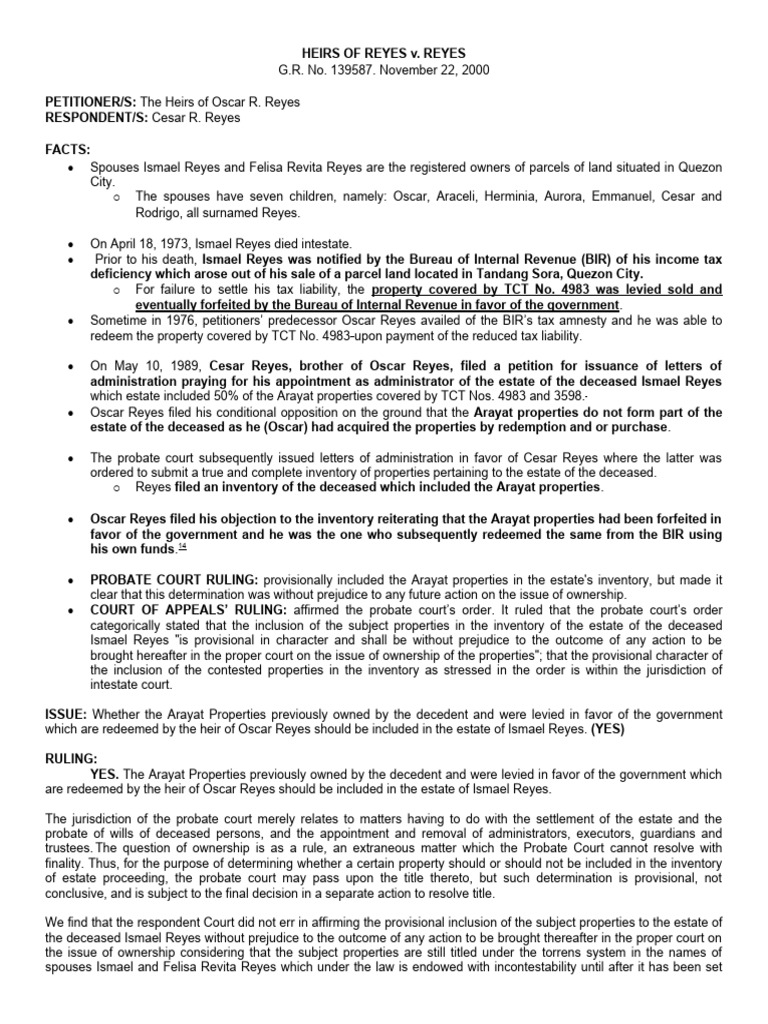 Inventory - Heirs of Reyes v. Reyes | PDF | Probate | Natural Resources Law