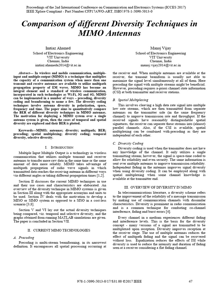 Comparison of Different Diversity Techniques in MIMO Antennas | PDF ...