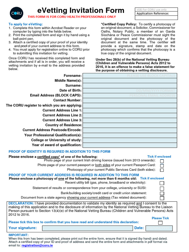 CORU eVetting Invitation Form | PDF | Identity Document | Government ...