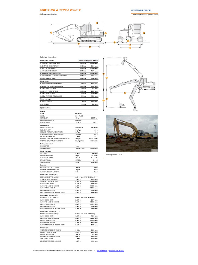 Kobelco SK480 Excavator Specifications | PDF | Manufactured Goods ...