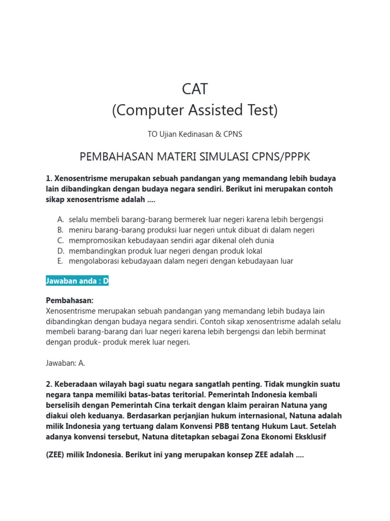 CAT (Computer Assisted Test) : Pembahasan Materi Simulasi CPNS/PPPK | PDF