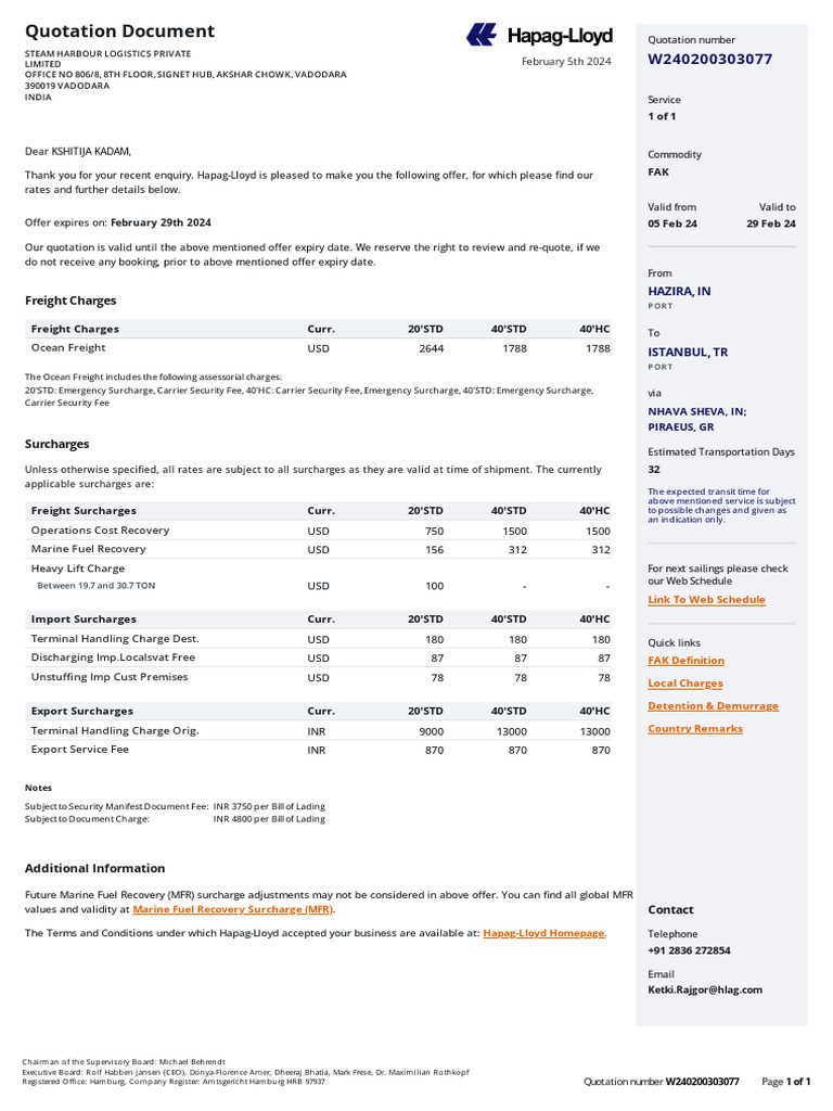 Hapag-Lloyd Quotation for Shipping Rates | PDF | Fee | Cargo