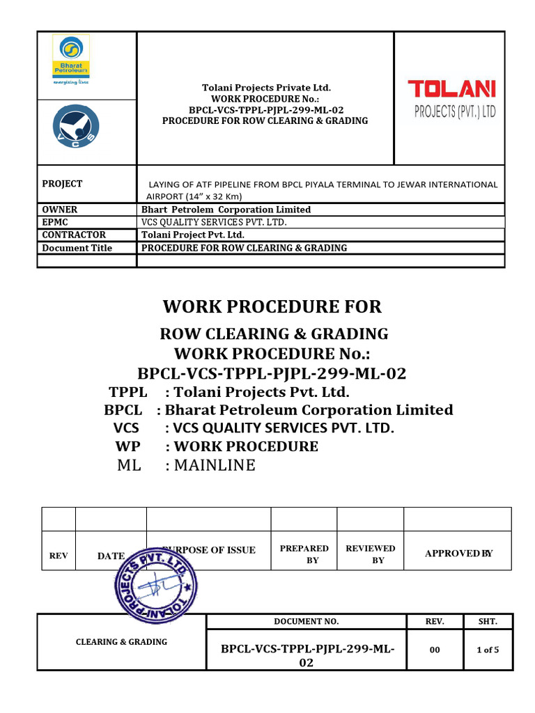 ML-02 Work Procedure For Row Clearing & Grading | PDF | Business ...