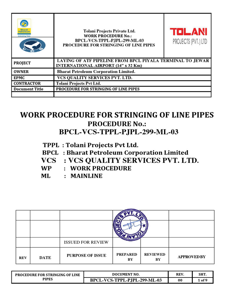 Line Pipe Stringing Procedure Guide | PDF | Pipe (Fluid Conveyance ...